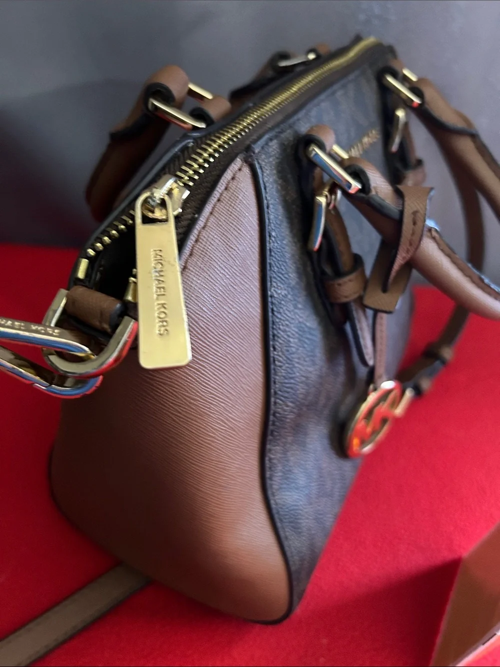 Michael Kors Ciara Brown and black Signature Logo Satchel with Gold Hardware